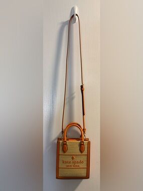 NWT Kate Spade Mini Ellie Tote Orange Leather with Tan Straw Canvas